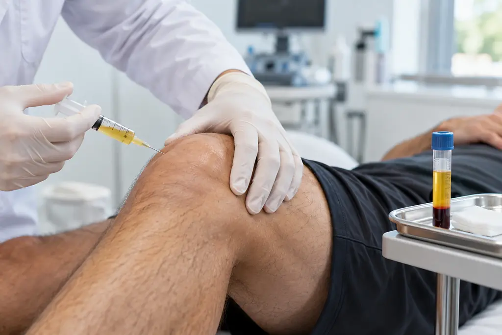 Médico preparando aplicação de plasma rico em plaquetas (PRP) no joelho de paciente em consultório